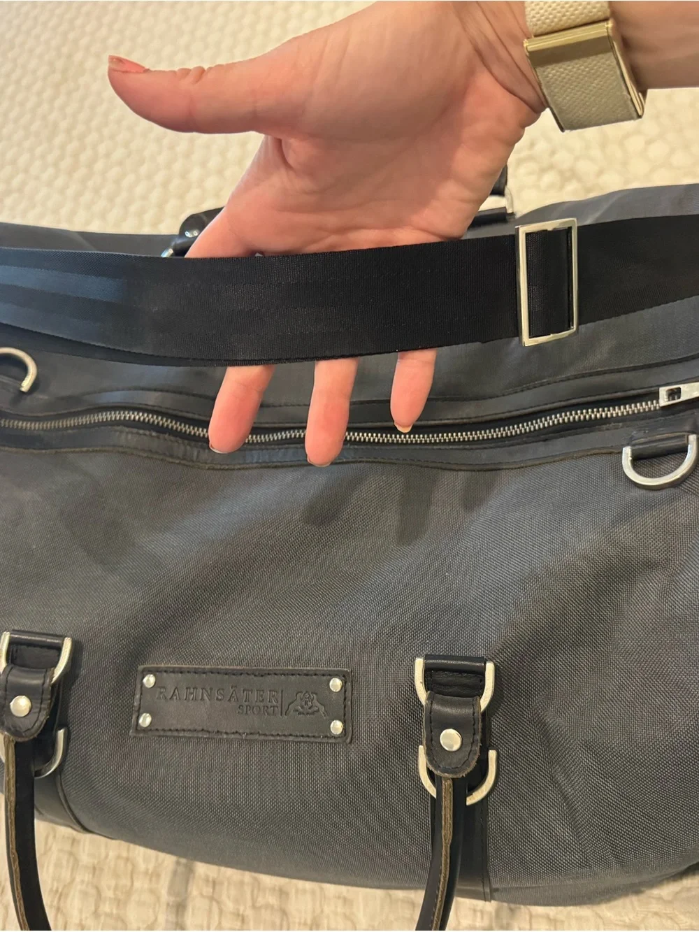 Grey Canvas Duffel with Leather Trim